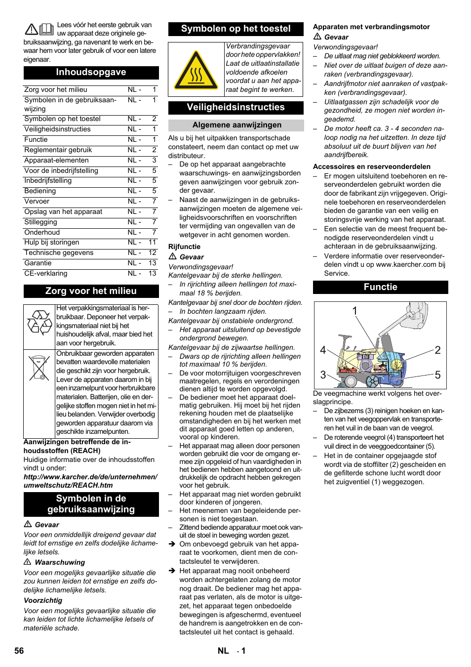 Inhoudsopgave, Zorg voor het milieu, Veiligheidsinstructies | Functie | Karcher KMR 1250 D KAT User Manual | Page 56 / 124