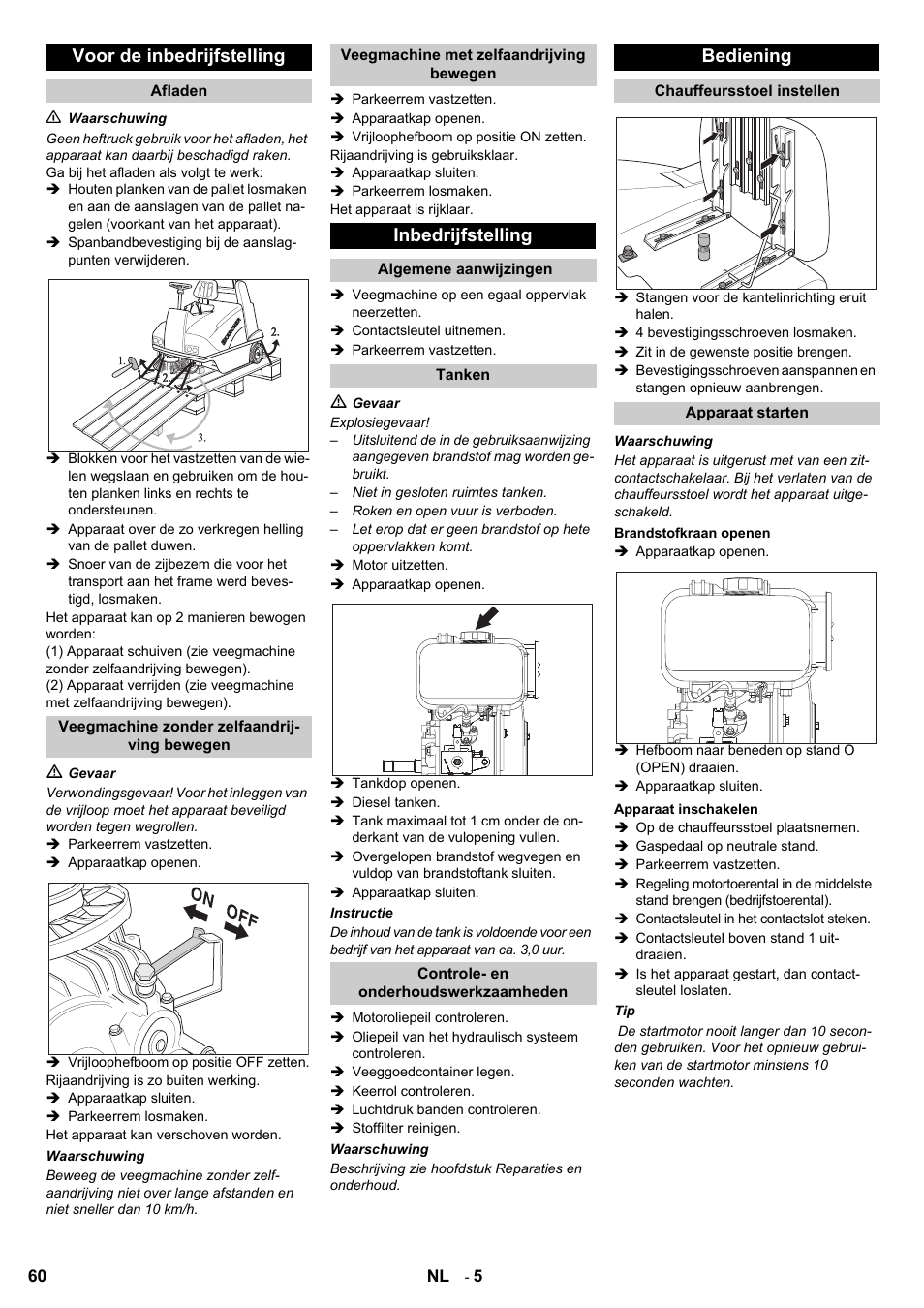 Voor de inbedrijfstelling, Inbedrijfstelling, Bediening | Karcher KMR 1250 D KAT User Manual | Page 60 / 124