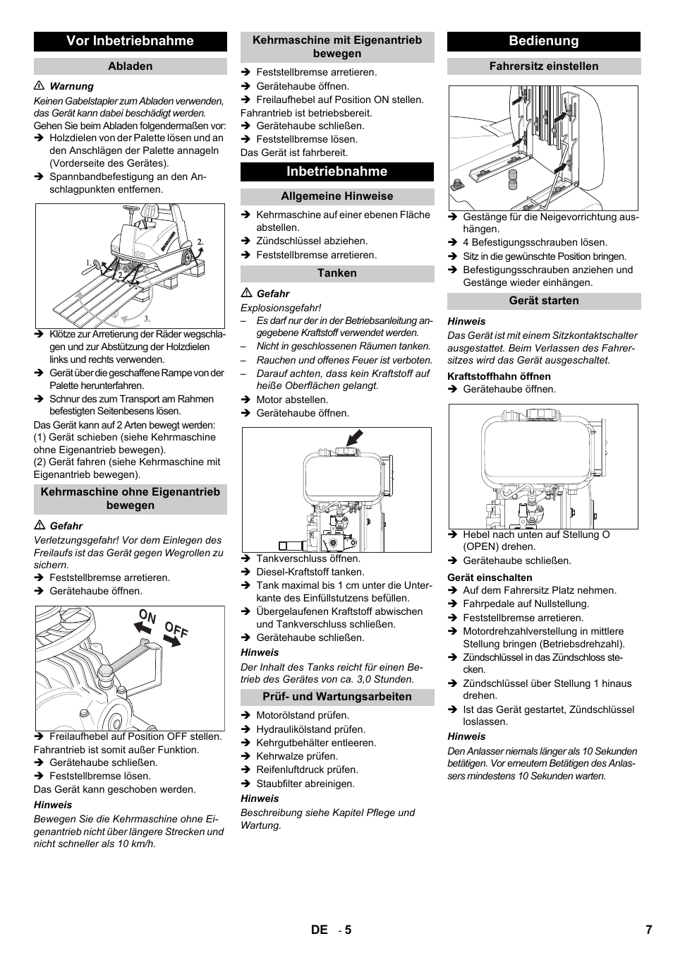 Vor inbetriebnahme, Inbetriebnahme, Bedienung | Karcher KMR 1250 D KAT User Manual | Page 7 / 124