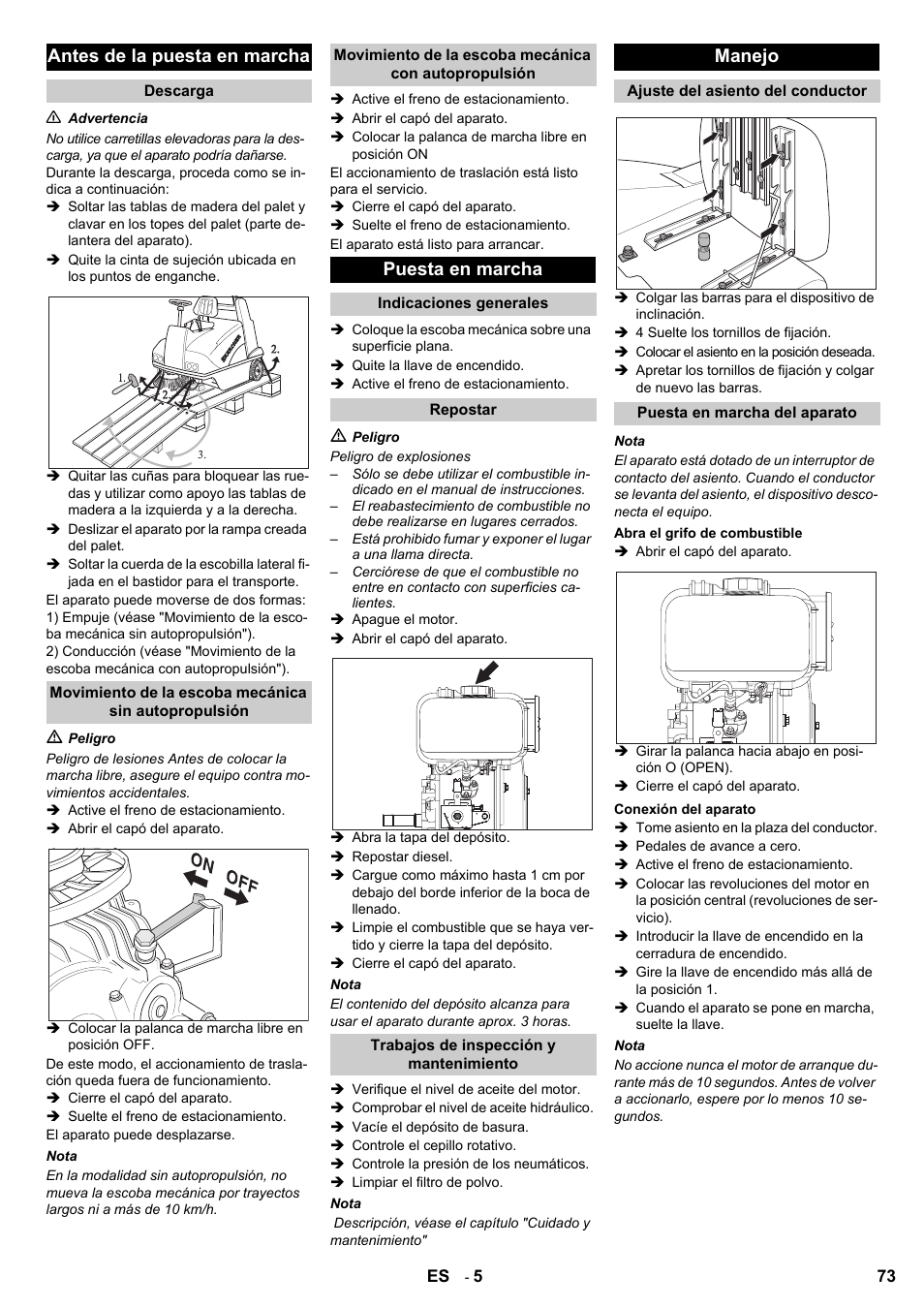 Antes de la puesta en marcha, Puesta en marcha, Manejo | Karcher KMR 1250 D KAT User Manual | Page 73 / 124