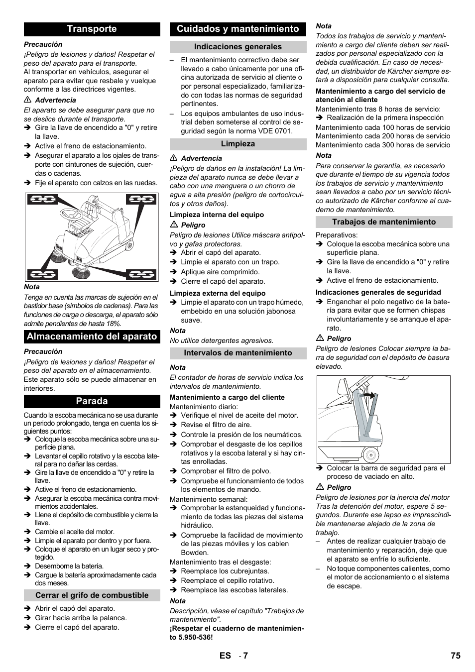 Transporte almacenamiento del aparato parada, Cuidados y mantenimiento | Karcher KMR 1250 D KAT User Manual | Page 75 / 124