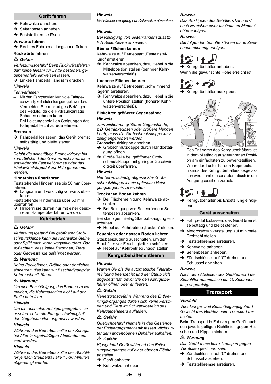 Transport | Karcher KMR 1250 D KAT User Manual | Page 8 / 124