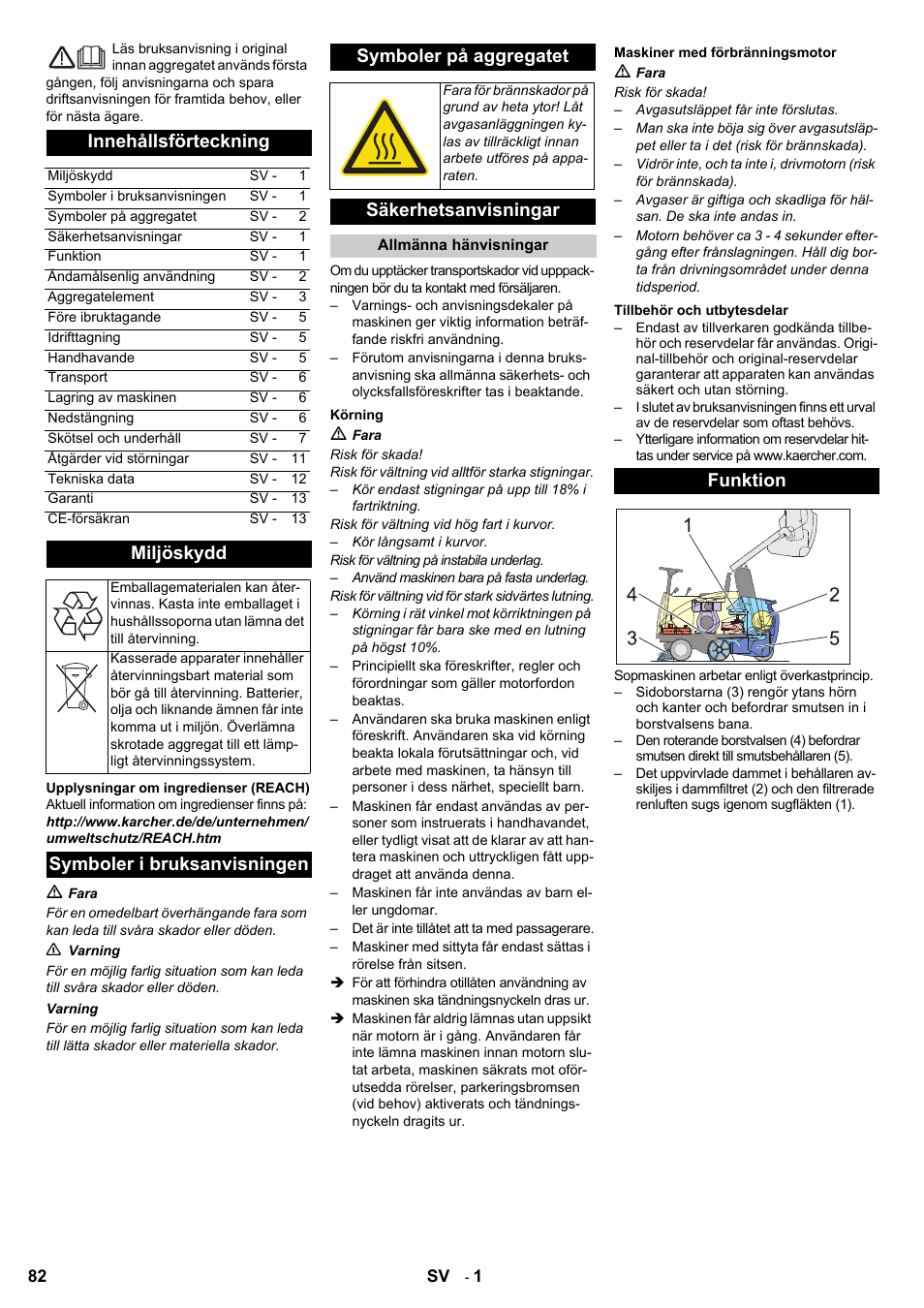 Innehållsförteckning, Miljöskydd, Symboler i bruksanvisningen symboler på aggregatet | Säkerhetsanvisningar, Funktion | Karcher KMR 1250 D KAT User Manual | Page 82 / 124