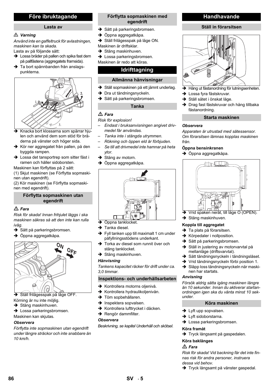 Före ibruktagande, Idrifttagning, Handhavande | Karcher KMR 1250 D KAT User Manual | Page 86 / 124