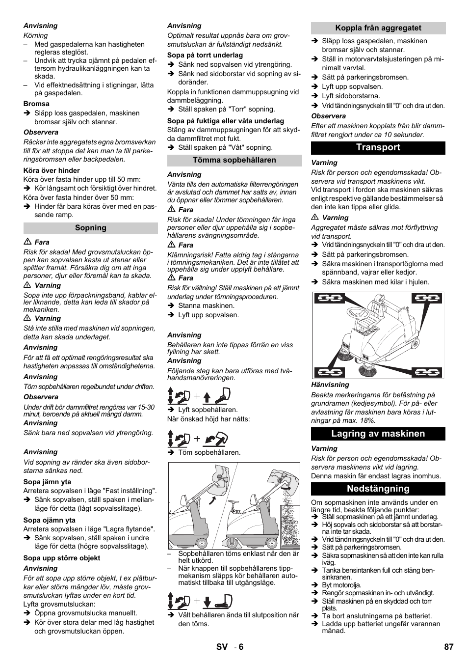 Transport lagring av maskinen nedstängning | Karcher KMR 1250 D KAT User Manual | Page 87 / 124