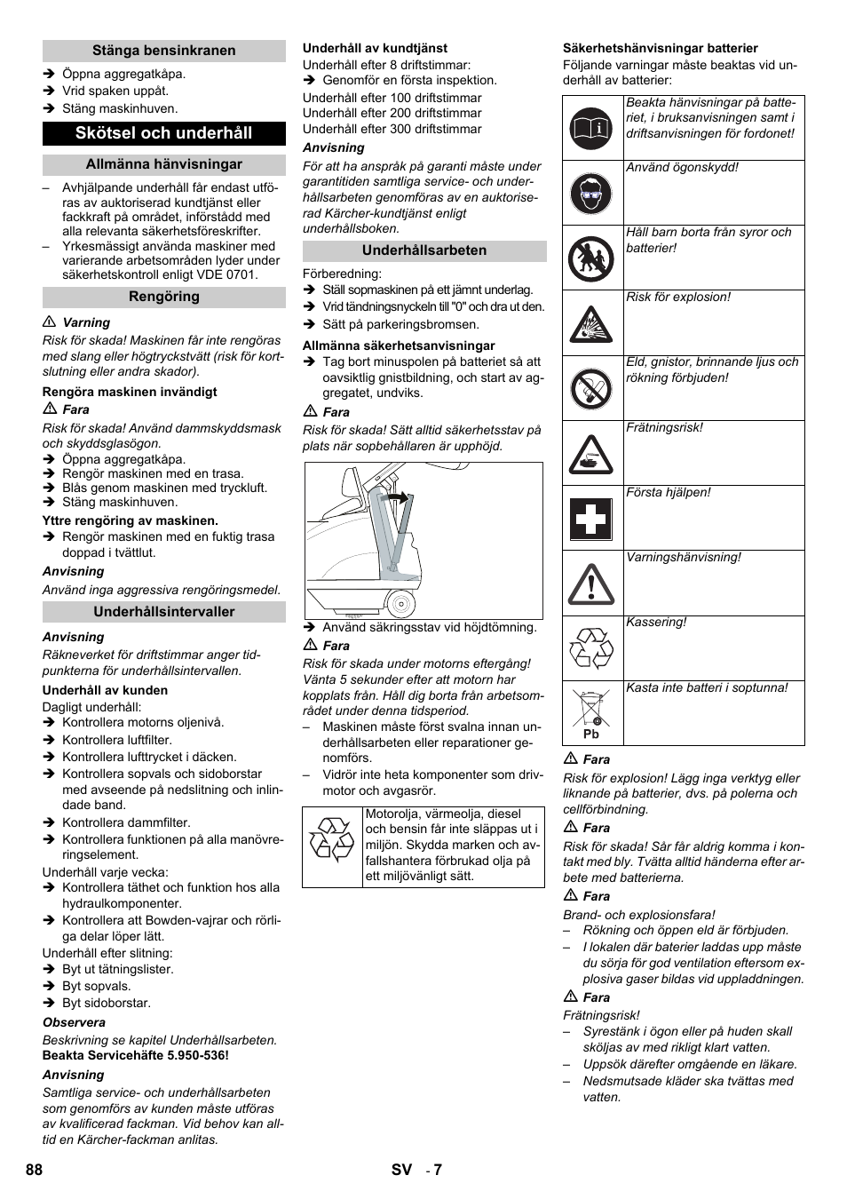 Skötsel och underhåll | Karcher KMR 1250 D KAT User Manual | Page 88 / 124