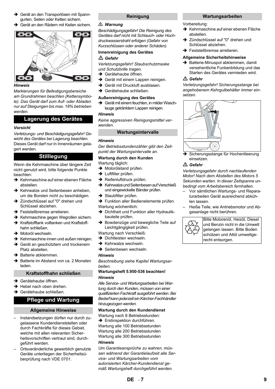 Lagerung des gerätes stilllegung, Pflege und wartung | Karcher KMR 1250 D KAT User Manual | Page 9 / 124