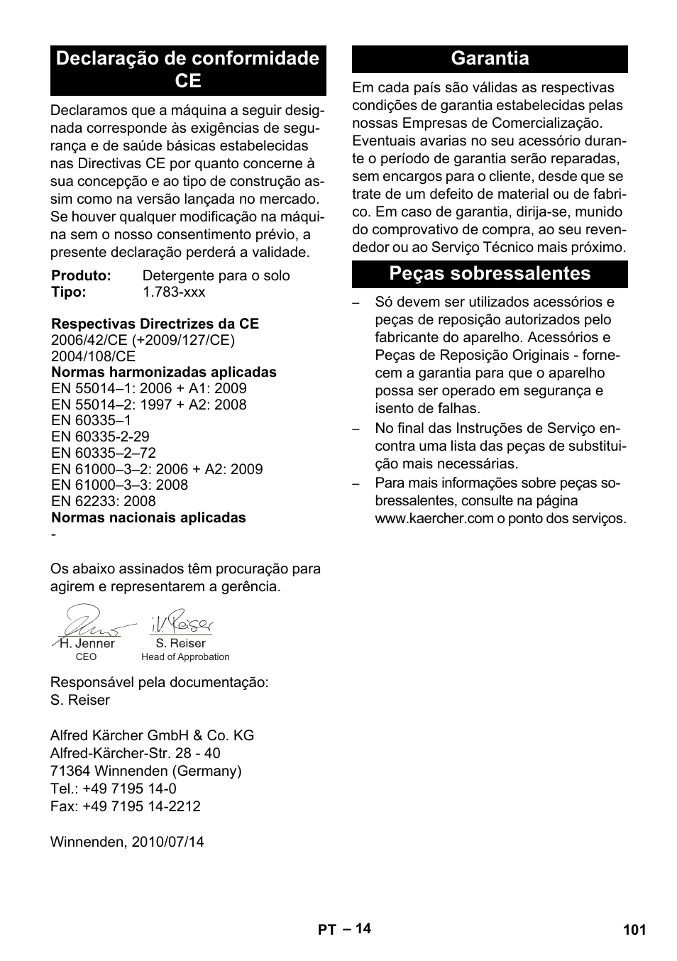 Declaração de conformidade ce, Garantia peças sobressalentes | Karcher BD 40-12 C Bp Pack User Manual | Page 101 / 374