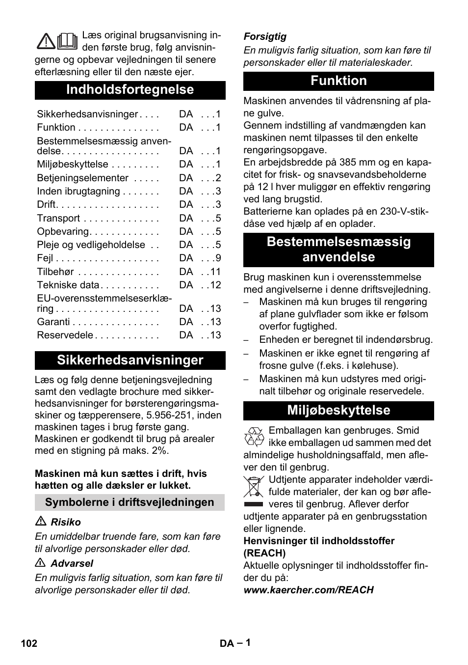 Dansk, Indholdsfortegnelse, Sikkerhedsanvisninger | Karcher BD 40-12 C Bp Pack User Manual | Page 102 / 374