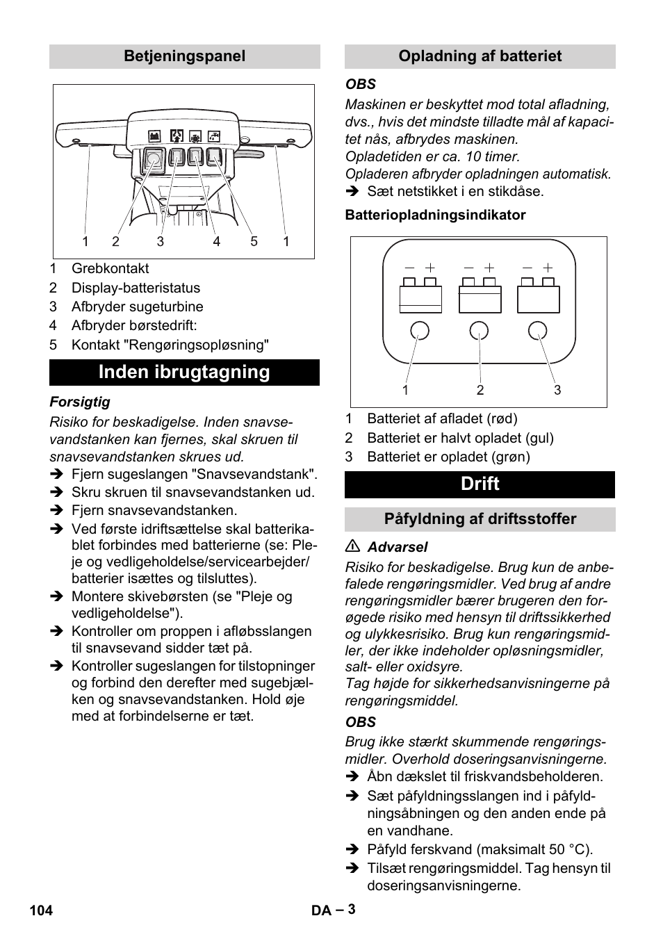 Inden ibrugtagning, Drift | Karcher BD 40-12 C Bp Pack User Manual | Page 104 / 374