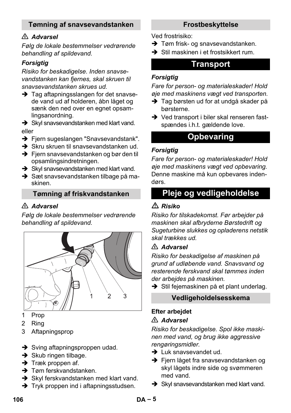 Transport opbevaring pleje og vedligeholdelse | Karcher BD 40-12 C Bp Pack User Manual | Page 106 / 374