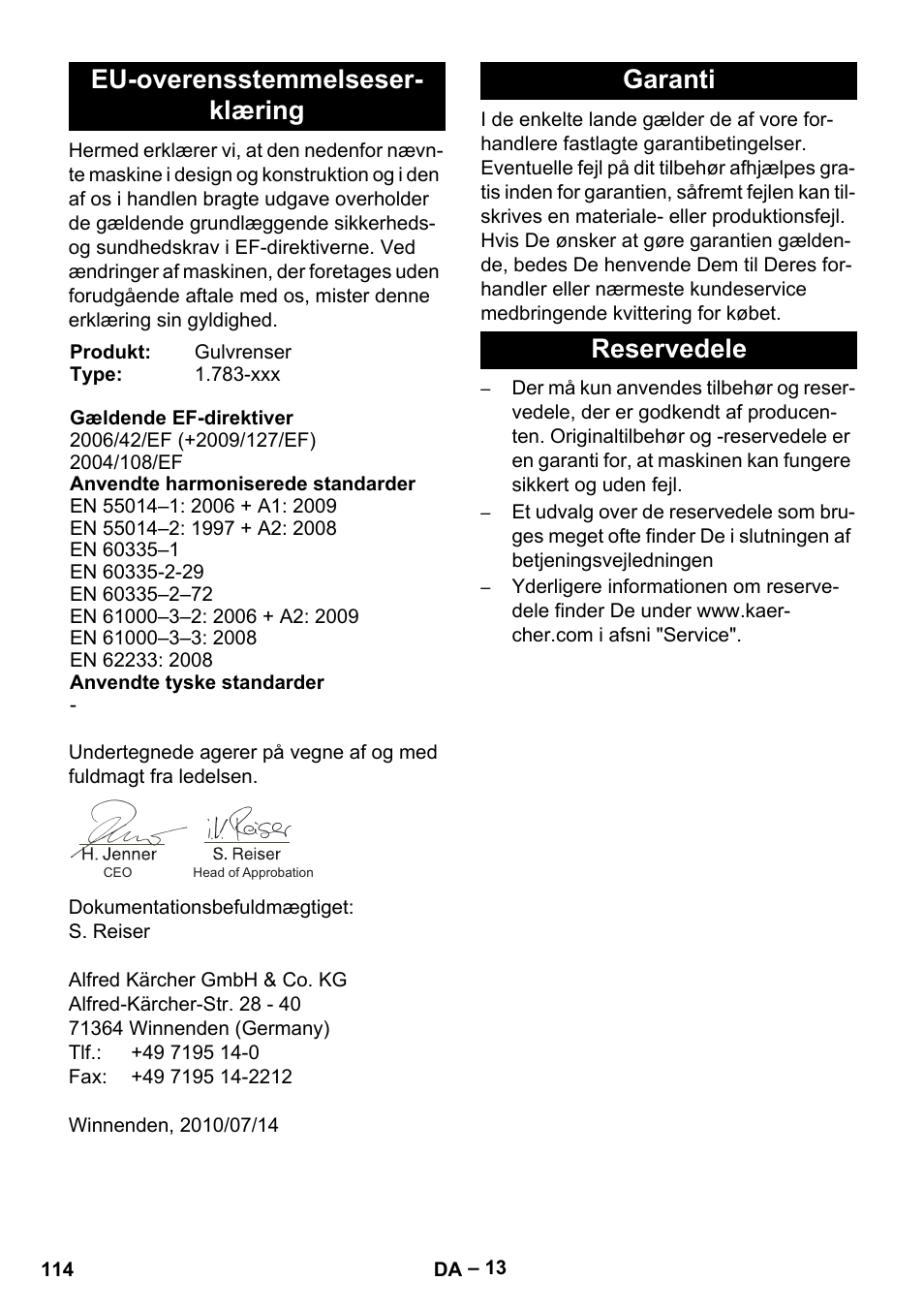 Eu-overensstemmelseser- klæring, Garanti reservedele | Karcher BD 40-12 C Bp Pack User Manual | Page 114 / 374