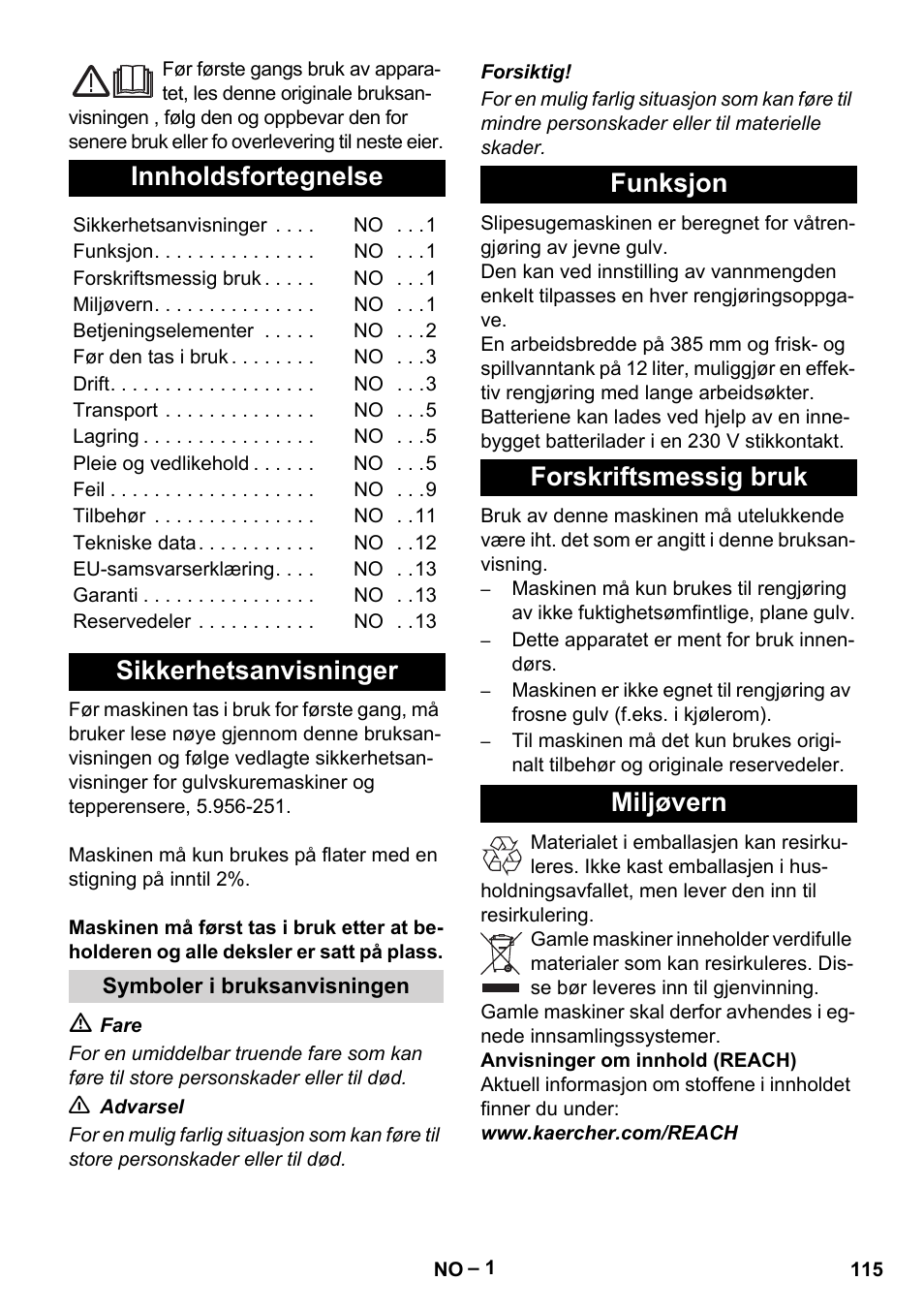 Norsk, Innholdsfortegnelse, Sikkerhetsanvisninger | Funksjon forskriftsmessig bruk miljøvern | Karcher BD 40-12 C Bp Pack User Manual | Page 115 / 374