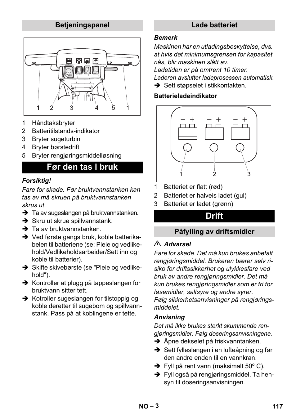 Før den tas i bruk, Drift | Karcher BD 40-12 C Bp Pack User Manual | Page 117 / 374