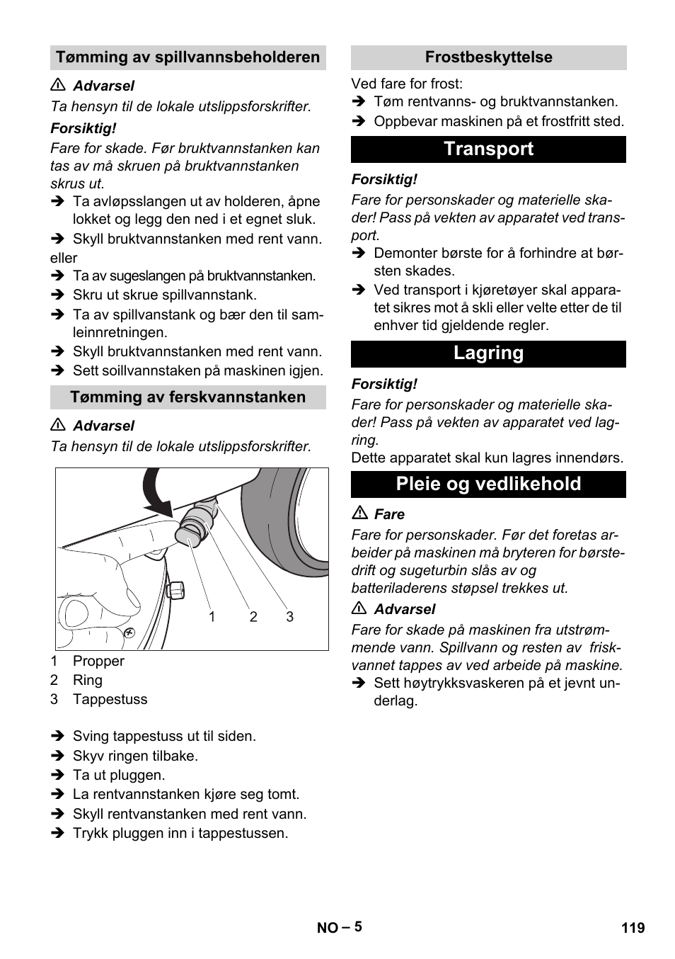 Transport lagring pleie og vedlikehold | Karcher BD 40-12 C Bp Pack User Manual | Page 119 / 374