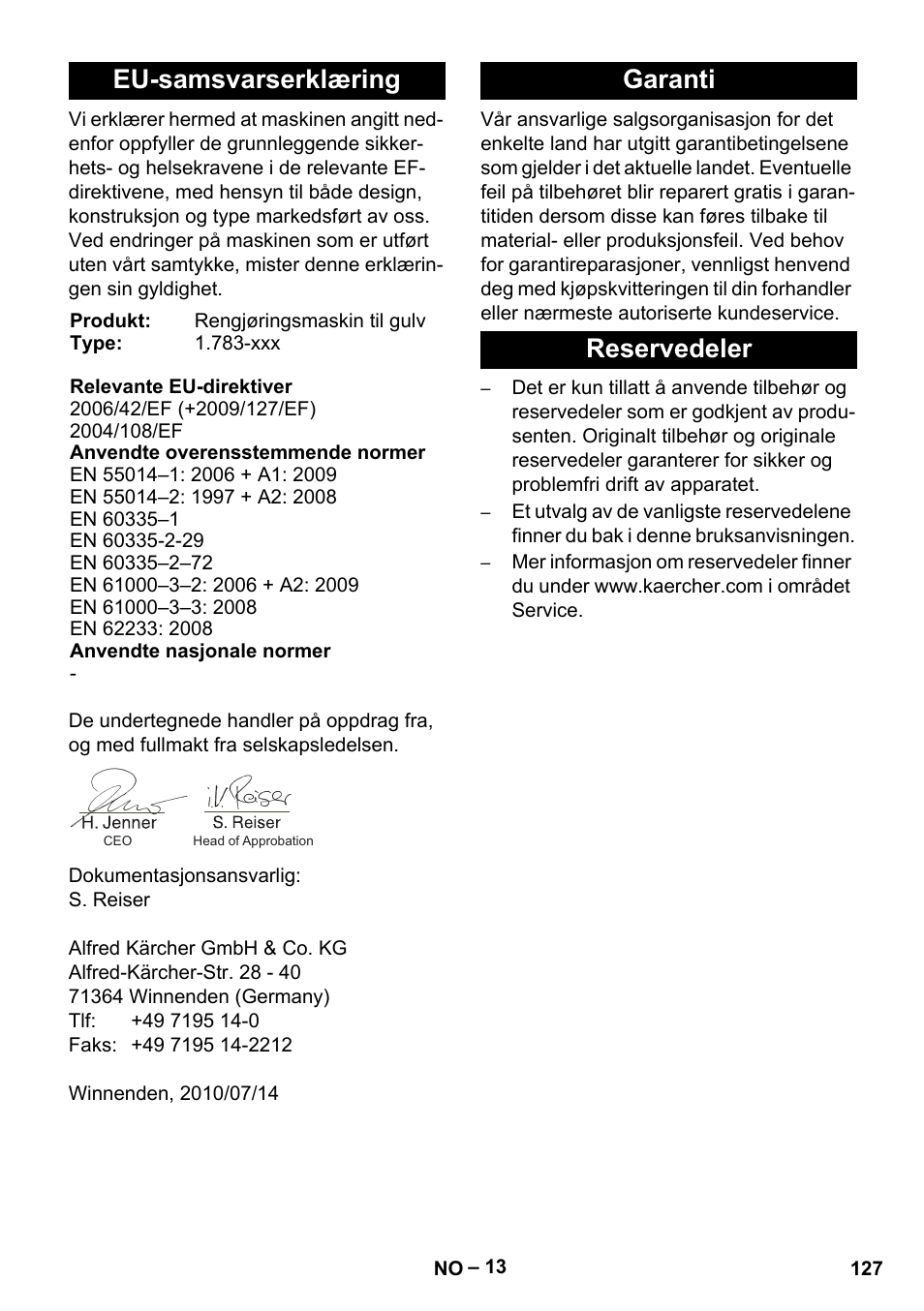 Eu-samsvarserklæring, Garanti reservedeler | Karcher BD 40-12 C Bp Pack User Manual | Page 127 / 374