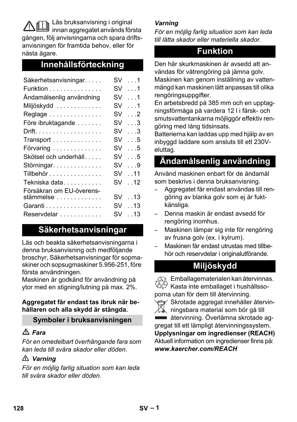 Svenska, Innehållsförteckning, Säkerhetsanvisningar | Funktion ändamålsenlig användning miljöskydd | Karcher BD 40-12 C Bp Pack User Manual | Page 128 / 374