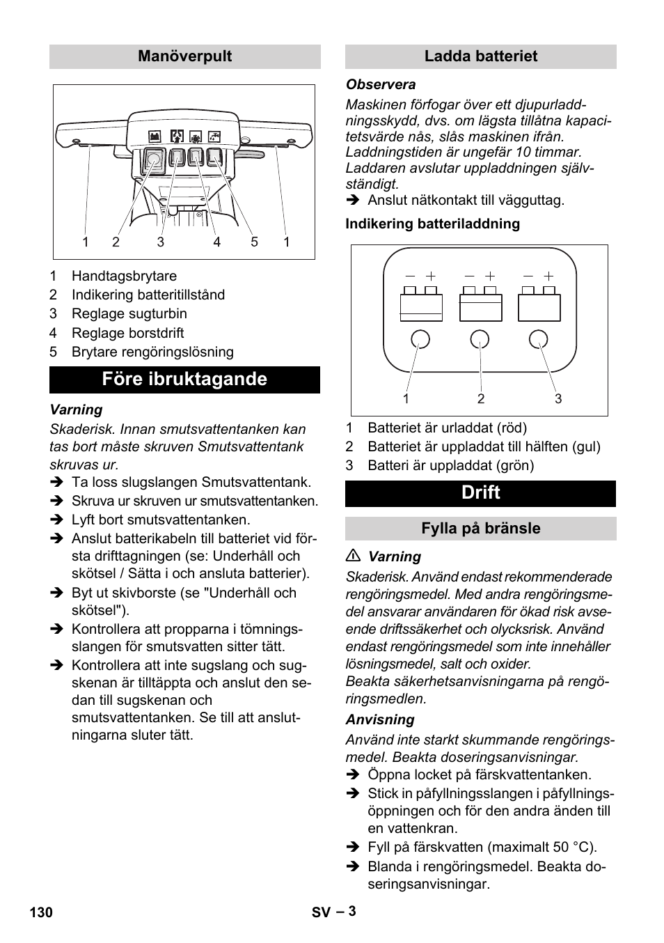 Före ibruktagande, Drift | Karcher BD 40-12 C Bp Pack User Manual | Page 130 / 374