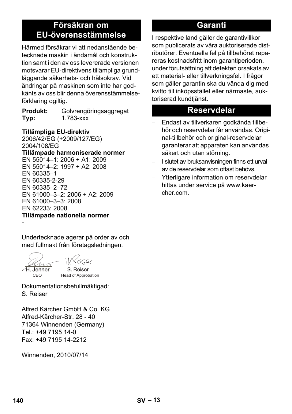 Försäkran om eu-överensstämmelse, Garanti reservdelar | Karcher BD 40-12 C Bp Pack User Manual | Page 140 / 374