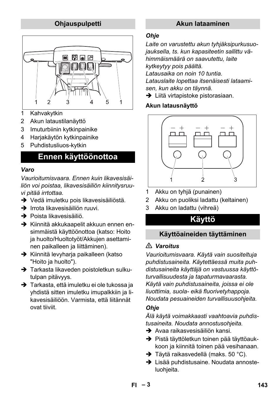 Ennen käyttöönottoa, Käyttö | Karcher BD 40-12 C Bp Pack User Manual | Page 143 / 374