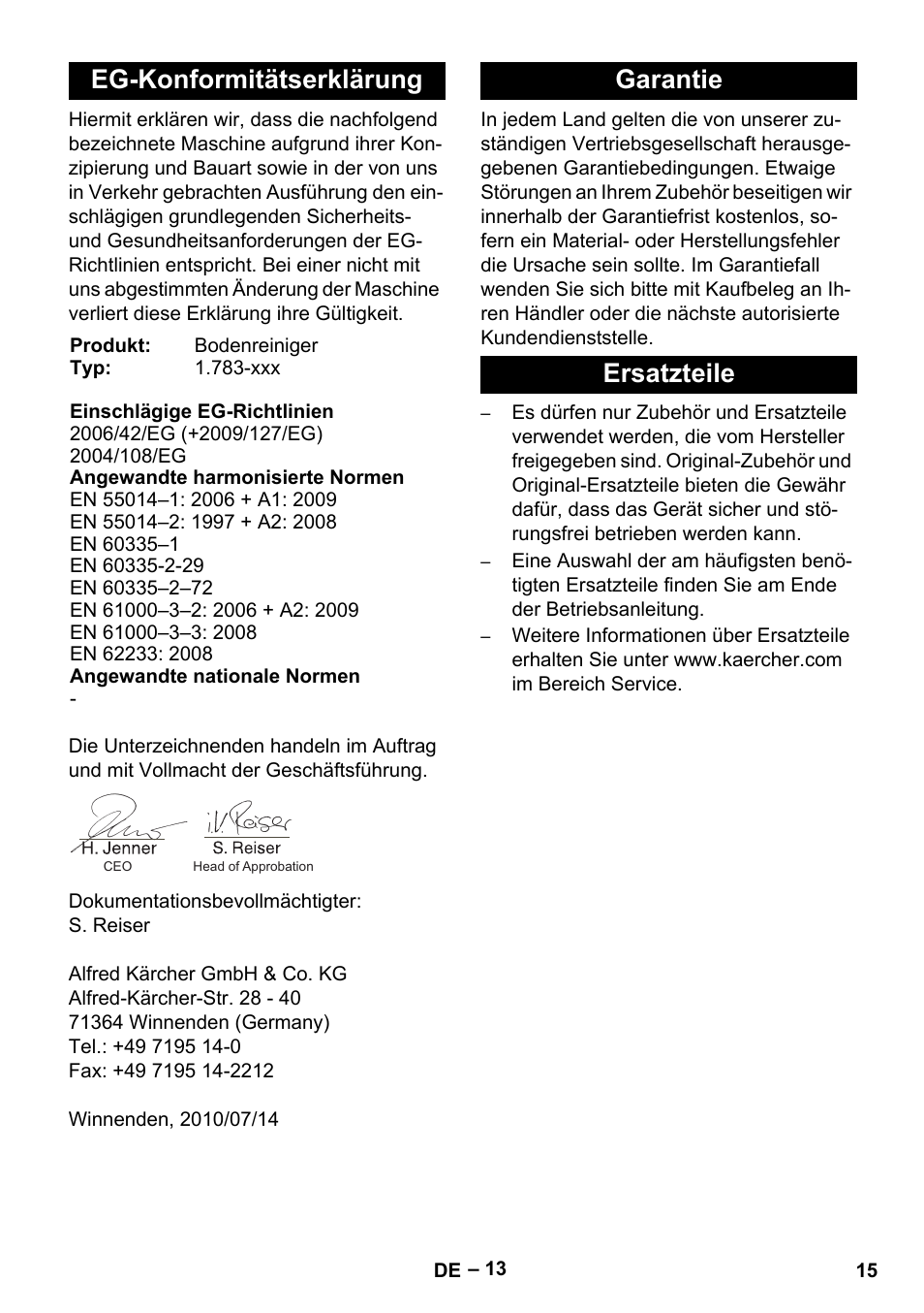 Eg-konformitätserklärung, Garantie ersatzteile | Karcher BD 40-12 C Bp Pack User Manual | Page 15 / 374