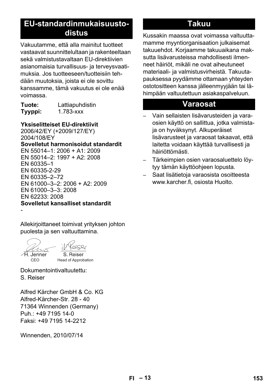 Eu-standardinmukaisuusto- distus, Takuu varaosat | Karcher BD 40-12 C Bp Pack User Manual | Page 153 / 374