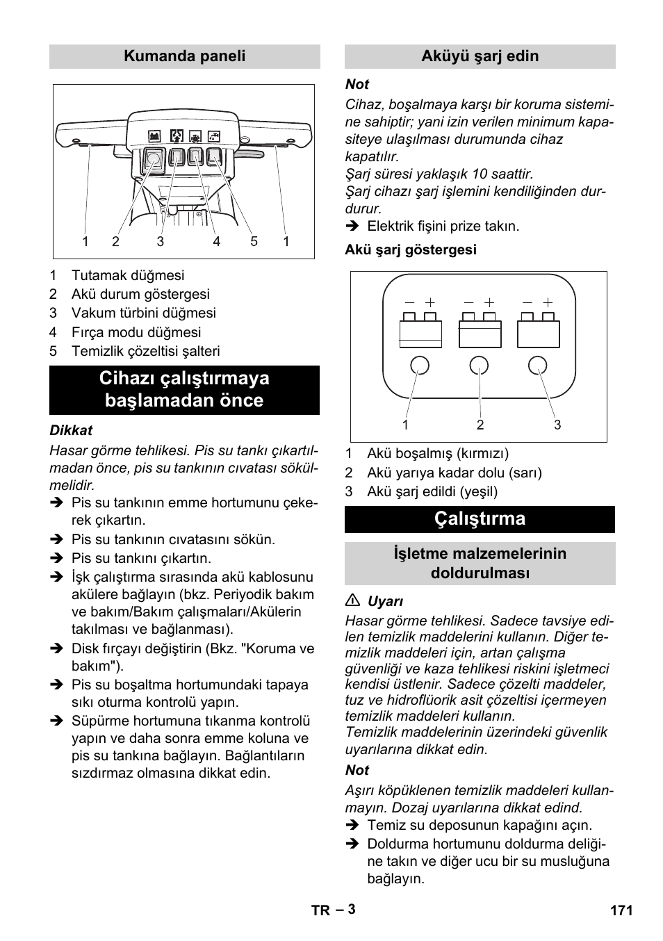 Cihazı çalıştırmaya başlamadan önce, Çalıştırma | Karcher BD 40-12 C Bp Pack User Manual | Page 171 / 374