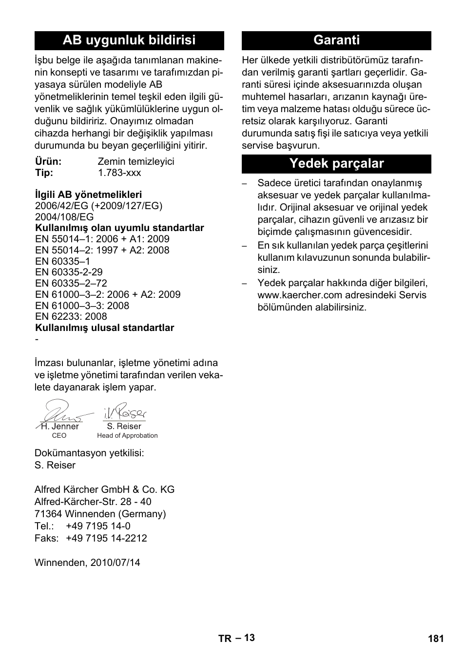 Ab uygunluk bildirisi, Garanti yedek parçalar | Karcher BD 40-12 C Bp Pack User Manual | Page 181 / 374