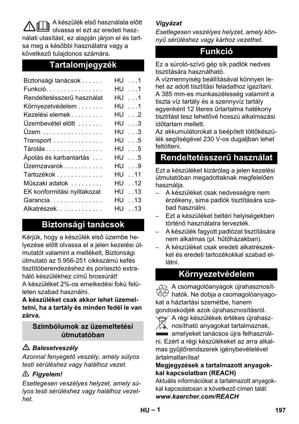 Magyar, Tartalomjegyzék, Biztonsági tanácsok | Karcher BD 40-12 C Bp Pack User Manual | Page 197 / 374