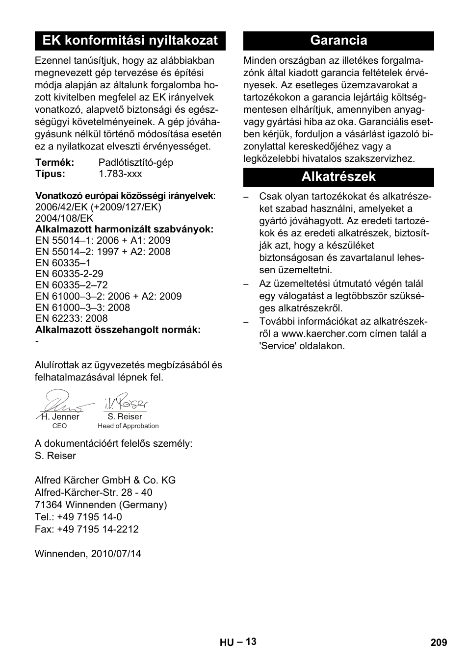 Ek konformitási nyiltakozat, Garancia alkatrészek | Karcher BD 40-12 C Bp Pack User Manual | Page 209 / 374