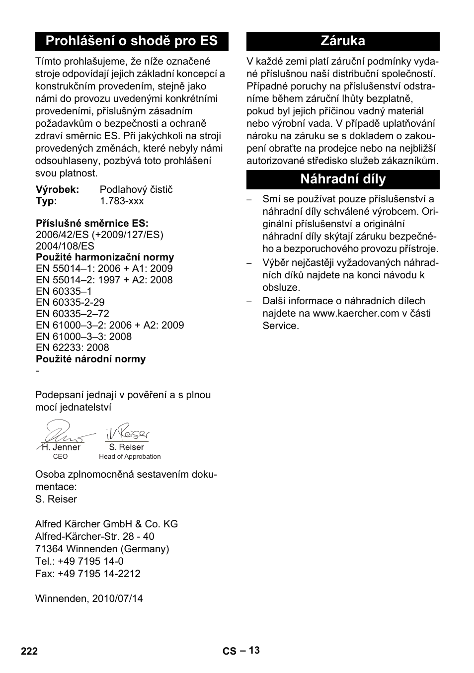 Prohlášení o shodě pro es, Záruka náhradní díly | Karcher BD 40-12 C Bp Pack User Manual | Page 222 / 374