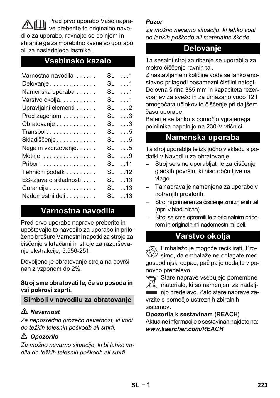 Slovenščina, Slovenšina, Vsebinsko kazalo | Varnostna navodila, Delovanje namenska uporaba varstvo okolja | Karcher BD 40-12 C Bp Pack User Manual | Page 223 / 374