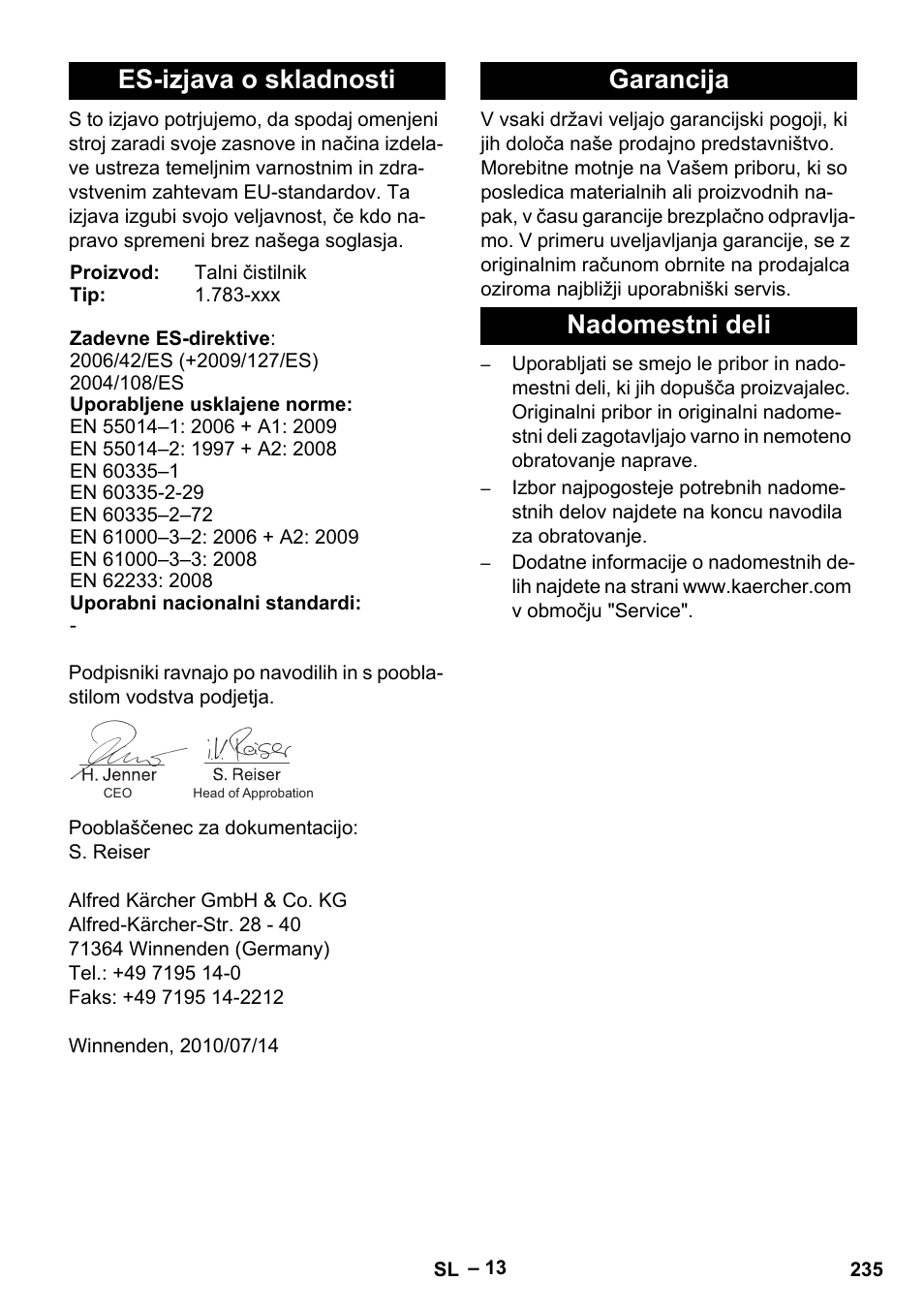 Es-izjava o skladnosti, Garancija nadomestni deli | Karcher BD 40-12 C Bp Pack User Manual | Page 235 / 374