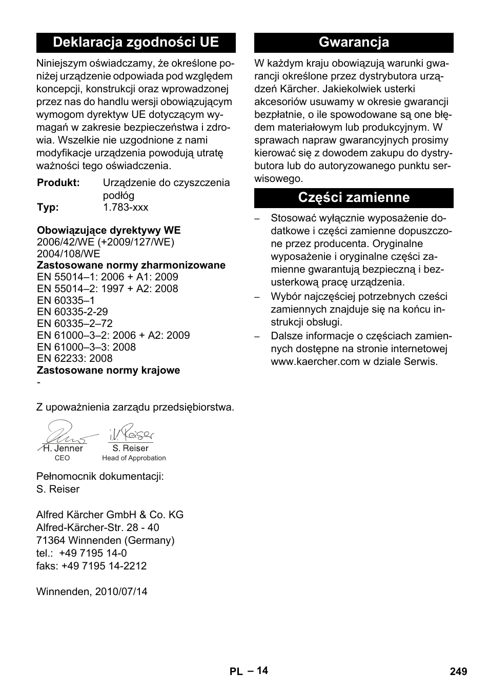 Deklaracja zgodności ue, Gwarancja części zamienne | Karcher BD 40-12 C Bp Pack User Manual | Page 249 / 374