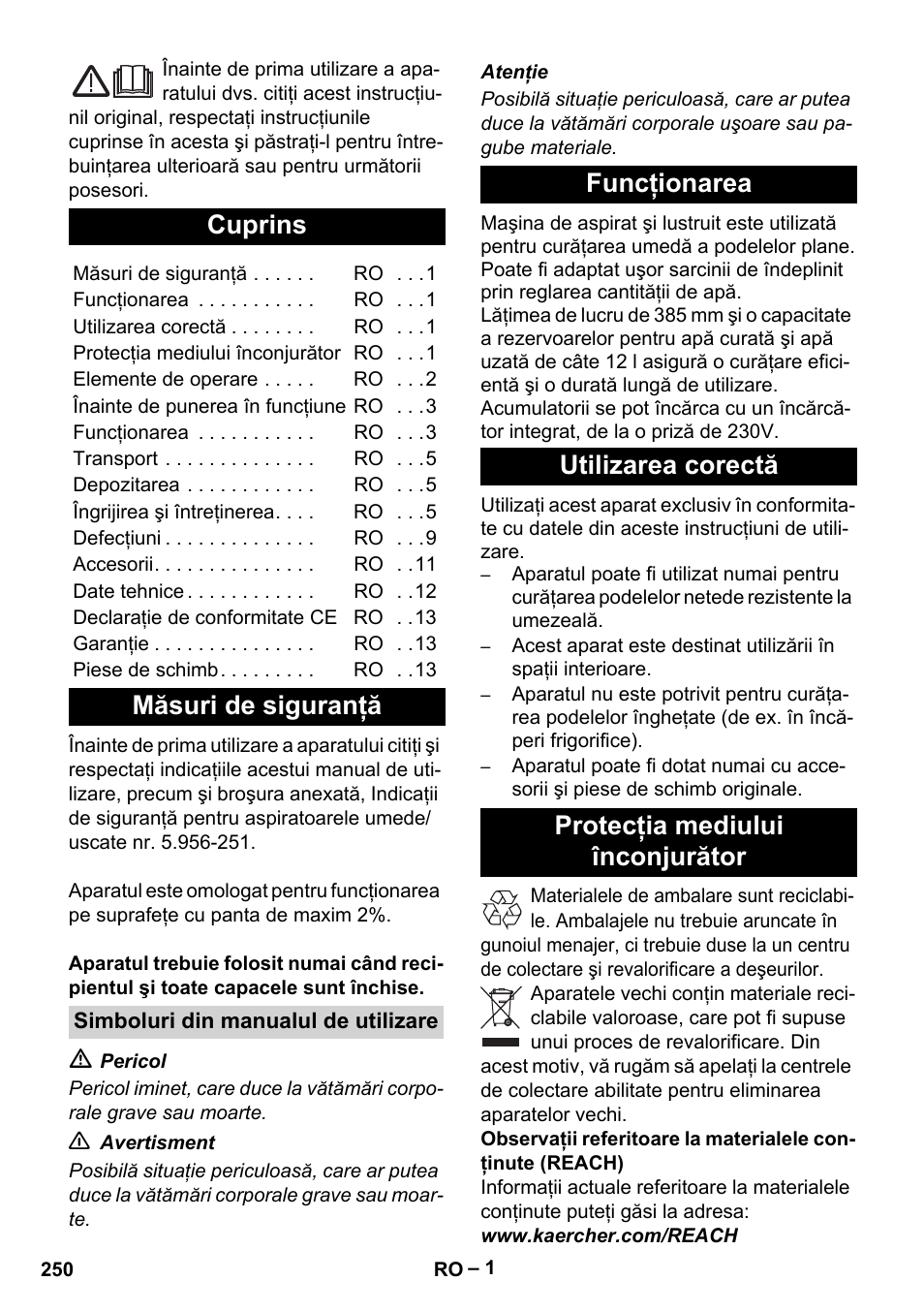 Româneşte, Românete, Cuprins | Măsuri de siguranţă | Karcher BD 40-12 C Bp Pack User Manual | Page 250 / 374