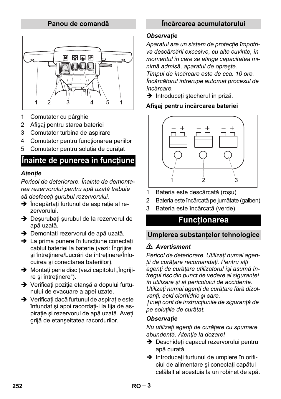 Înainte de punerea în funcţiune, Funcţionarea | Karcher BD 40-12 C Bp Pack User Manual | Page 252 / 374