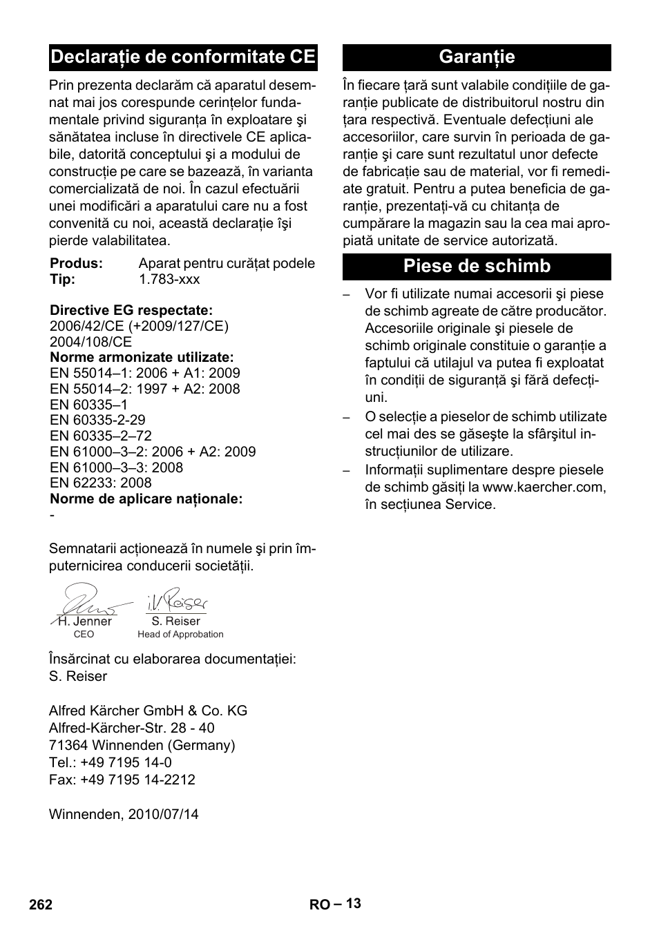 Declaraţie de conformitate ce, Garanţie piese de schimb | Karcher BD 40-12 C Bp Pack User Manual | Page 262 / 374