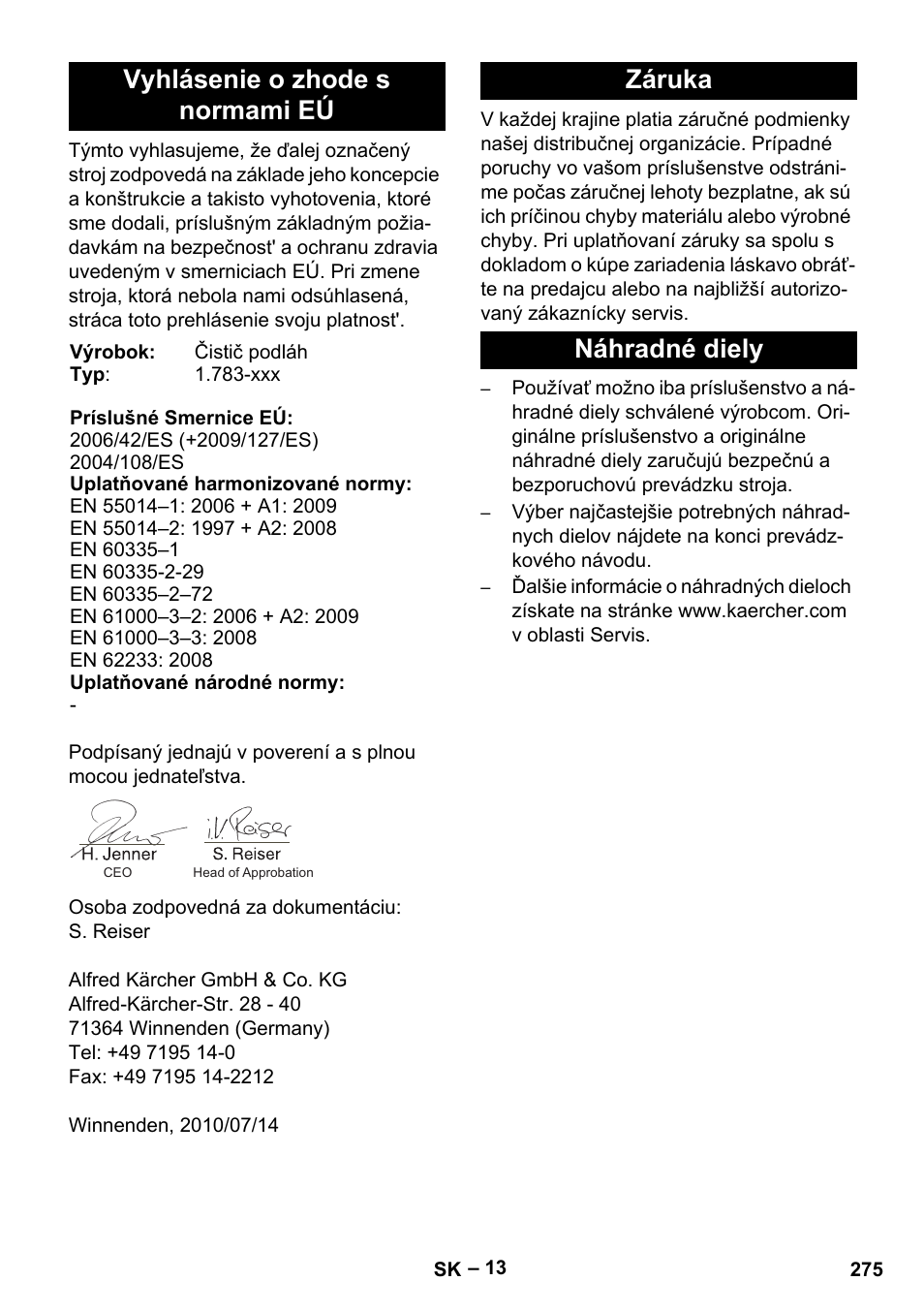 Vyhlásenie o zhode s normami eú, Záruka náhradné diely | Karcher BD 40-12 C Bp Pack User Manual | Page 275 / 374
