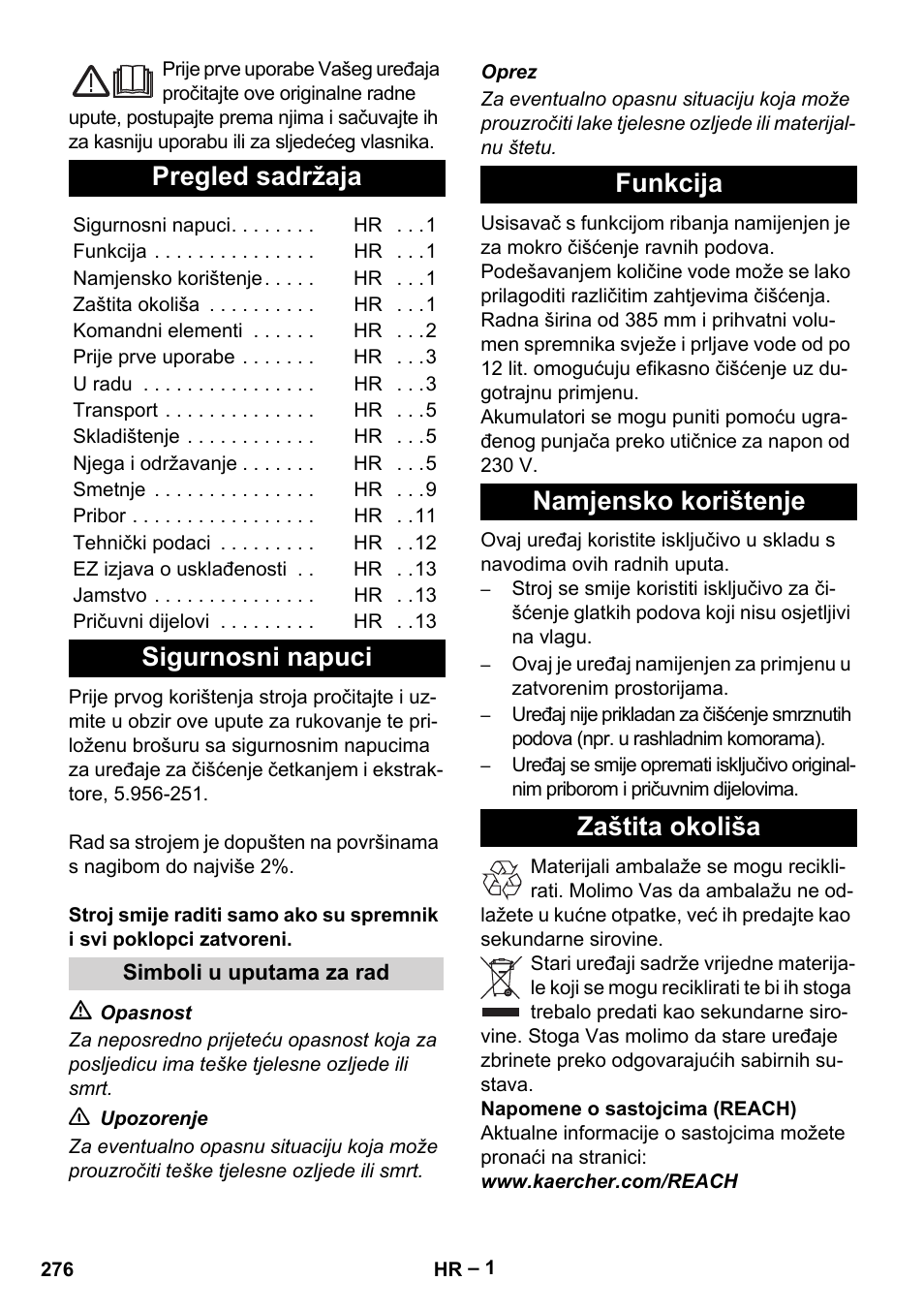 Hrvatski, Pregled sadržaja, Sigurnosni napuci | Funkcija namjensko korištenje zaštita okoliša | Karcher BD 40-12 C Bp Pack User Manual | Page 276 / 374