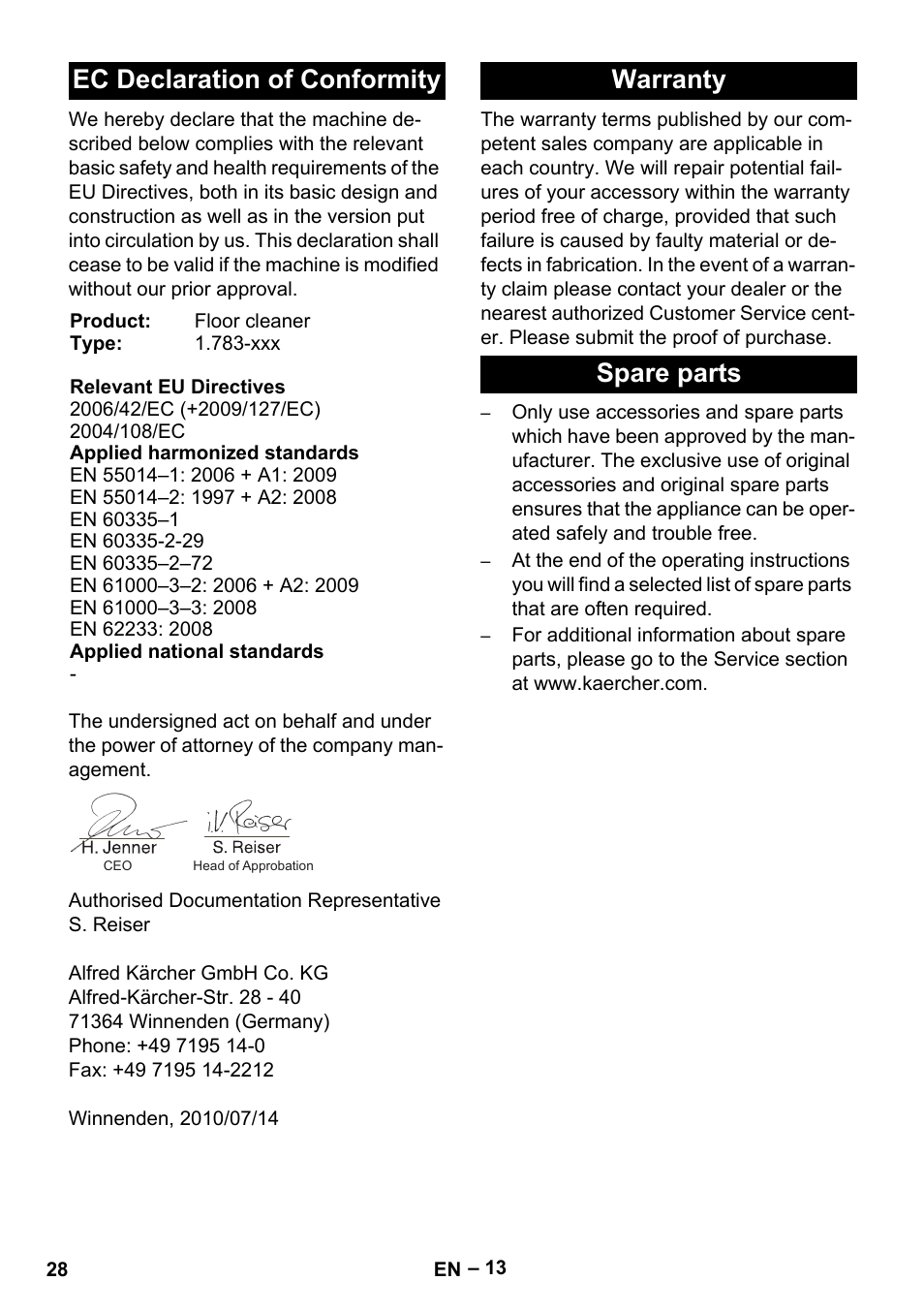 Ec declaration of conformity, Warranty spare parts | Karcher BD 40-12 C Bp Pack User Manual | Page 28 / 374