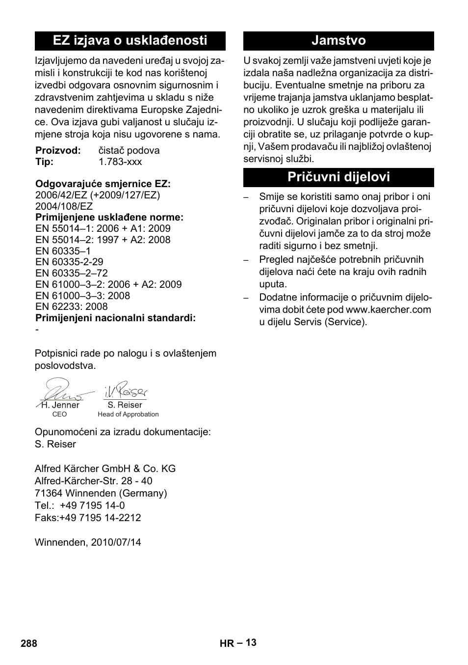 Ez izjava o usklađenosti, Jamstvo pričuvni dijelovi | Karcher BD 40-12 C Bp Pack User Manual | Page 288 / 374