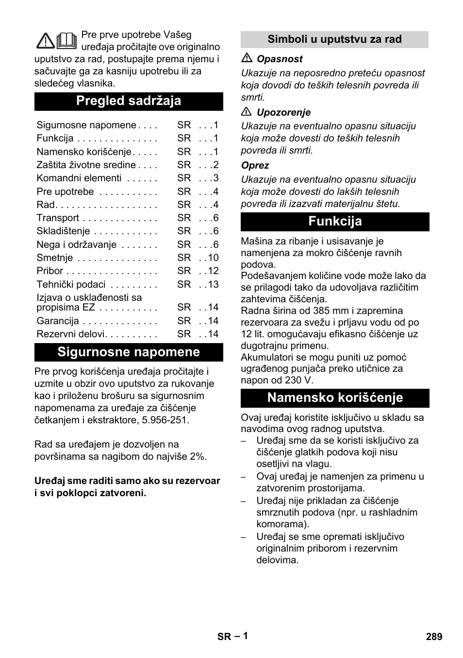 Srpski, Pregled sadržaja, Sigurnosne napomene | Funkcija namensko korišćenje | Karcher BD 40-12 C Bp Pack User Manual | Page 289 / 374
