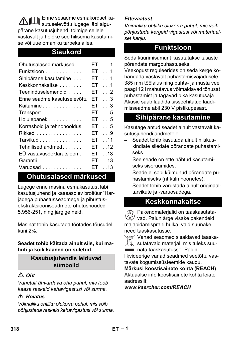 Eesti, Sisukord, Ohutusalased märkused | Funktsioon sihipärane kasutamine keskkonnakaitse | Karcher BD 40-12 C Bp Pack User Manual | Page 318 / 374