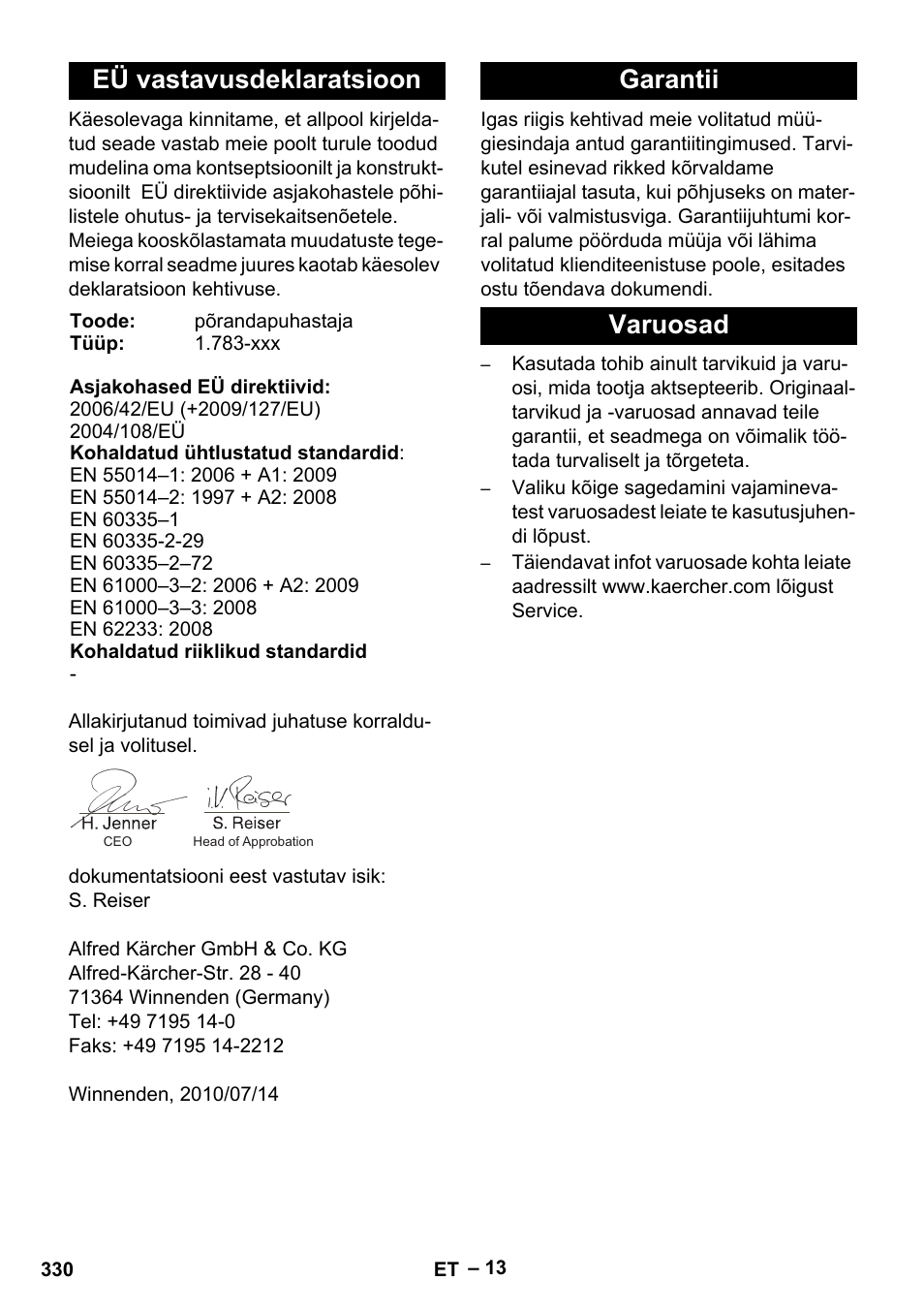 Eü vastavusdeklaratsioon, Garantii varuosad | Karcher BD 40-12 C Bp Pack User Manual | Page 330 / 374