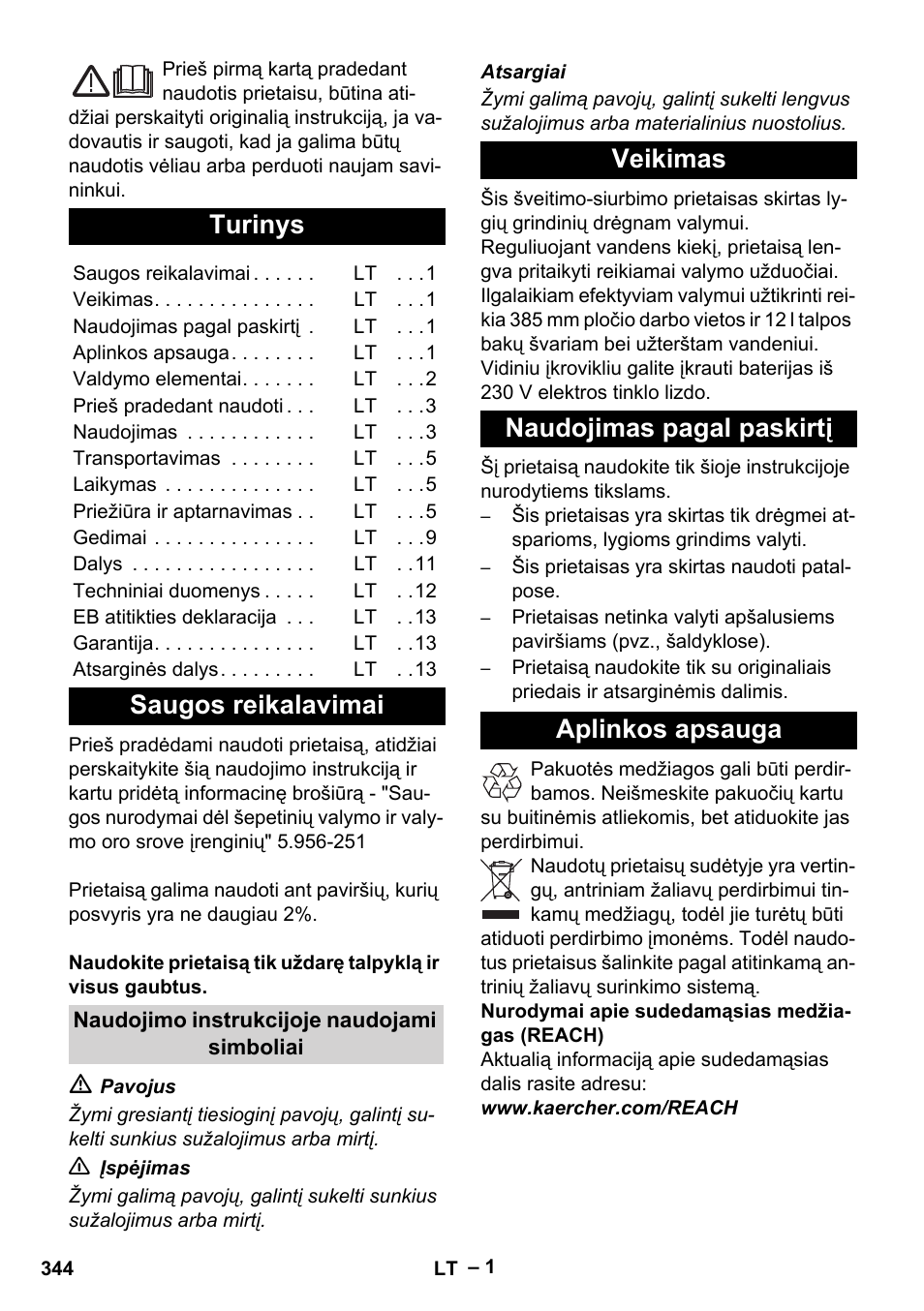 Lietuviškai, Turinys, Saugos reikalavimai | Karcher BD 40-12 C Bp Pack User Manual | Page 344 / 374