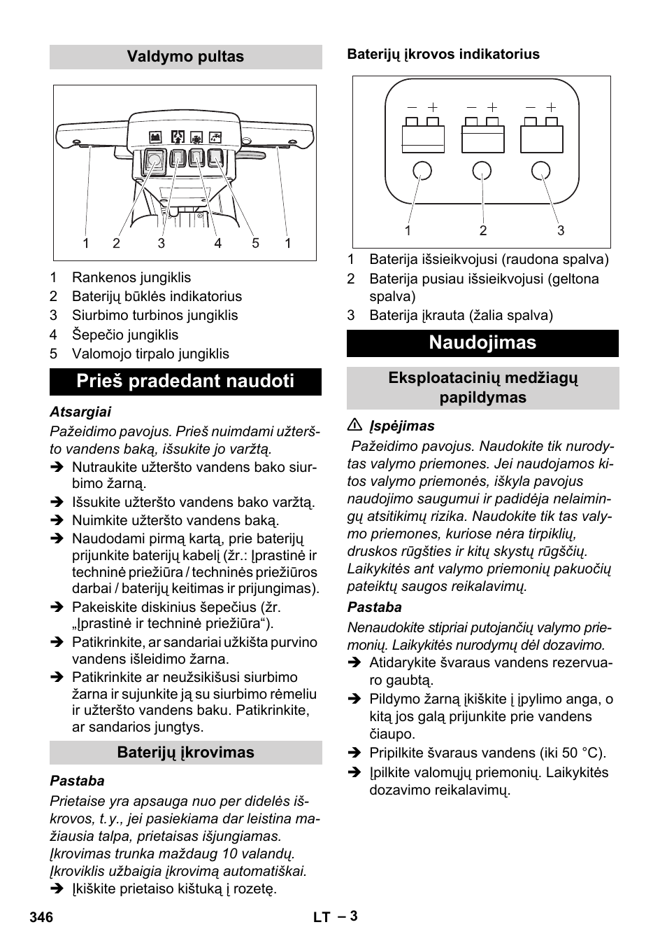 Prieš pradedant naudoti, Naudojimas | Karcher BD 40-12 C Bp Pack User Manual | Page 346 / 374