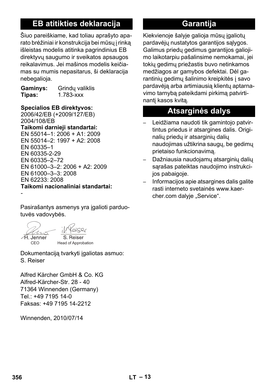 Eb atitikties deklaracija, Garantija atsarginės dalys | Karcher BD 40-12 C Bp Pack User Manual | Page 356 / 374