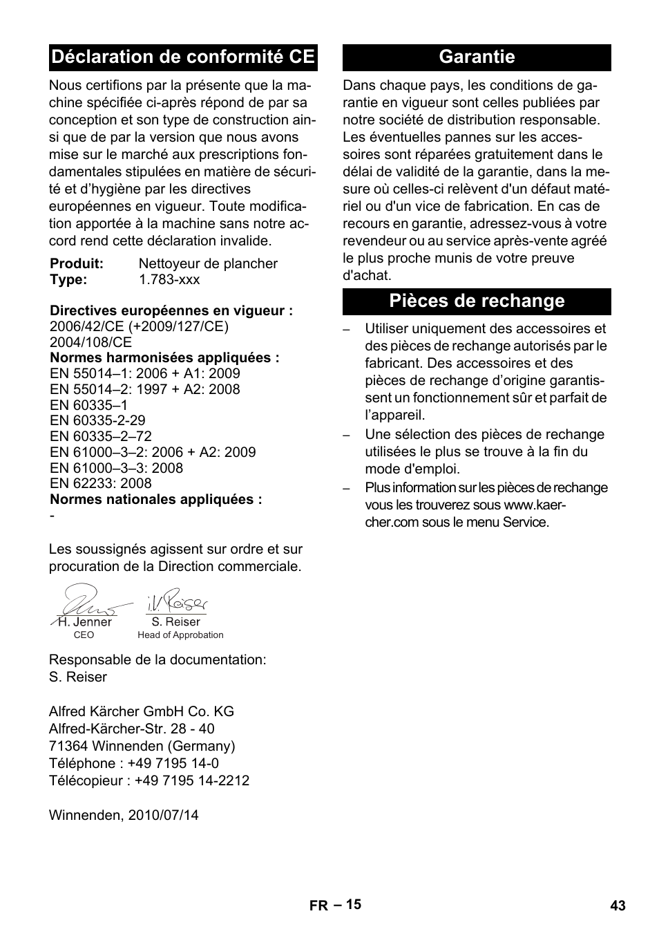 Déclaration de conformité ce, Garantie pièces de rechange | Karcher BD 40-12 C Bp Pack User Manual | Page 43 / 374