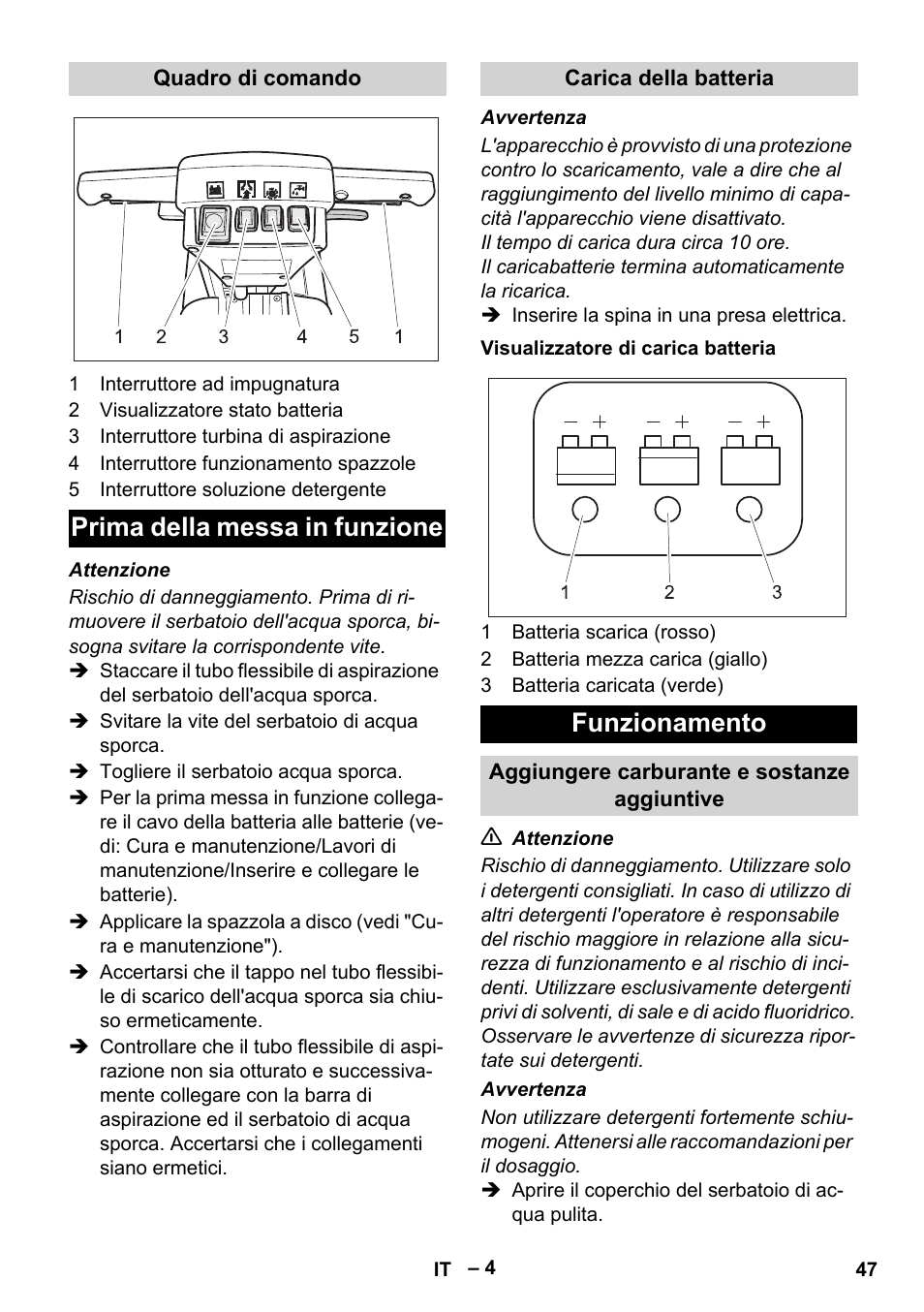 Prima della messa in funzione, Funzionamento | Karcher BD 40-12 C Bp Pack User Manual | Page 47 / 374