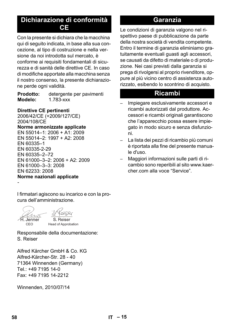 Dichiarazione di conformità ce, Garanzia ricambi | Karcher BD 40-12 C Bp Pack User Manual | Page 58 / 374